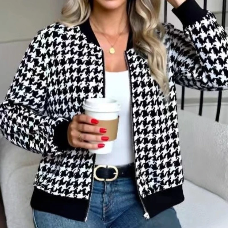 2025 خريف موضة جديدة سستة houndstooth سترة فضفاضة ضئيلة معطف فوقي غير رسمي للنساء