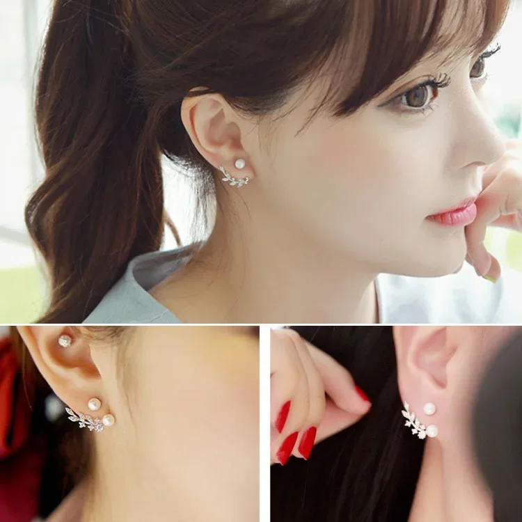 Delicate Front and Back Pearls Zircon Crystal Leaf Ear Jackets Women Wedding Engagement Earring Jewelry Gifts for Her