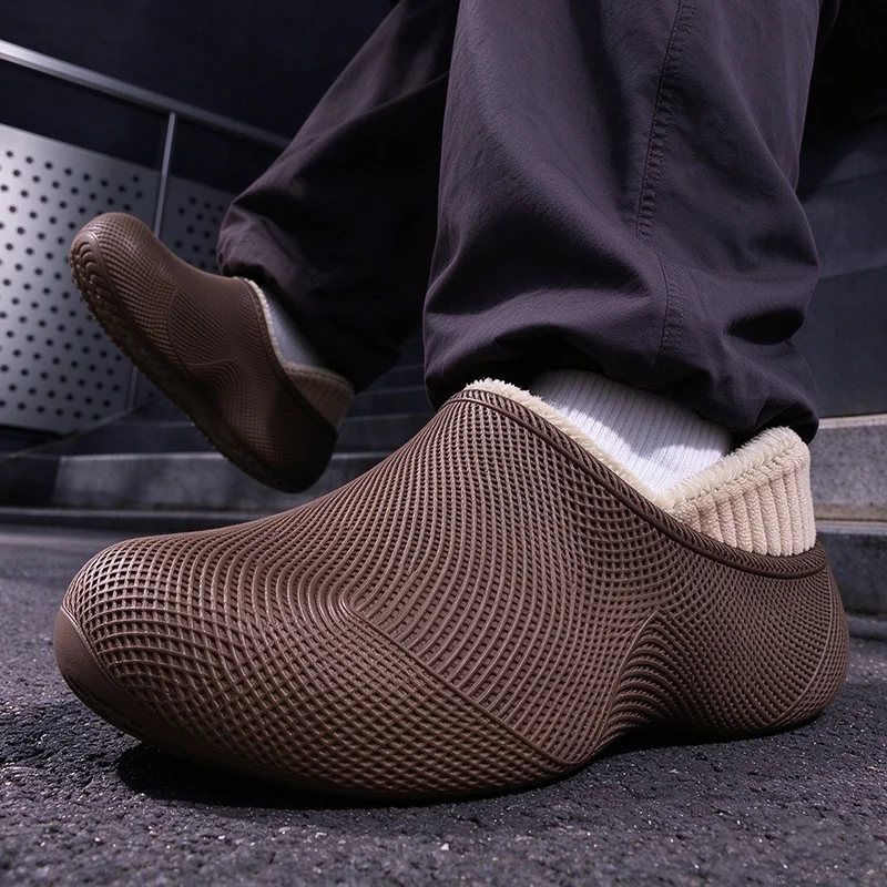 3D Designer Man's Cotton Clogs Winter 2026 Comfortable Thick Bottom Waterproof Eva Outdoor Slippers Men Warm Plush Casual Shoes