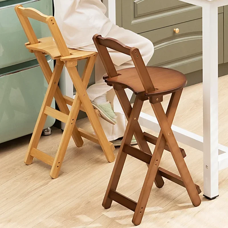 Bamboo Foldable Bar Chair Portable High Counter Stool Space Saving with Backrest Nordic Coffee Shop Dining Furniture