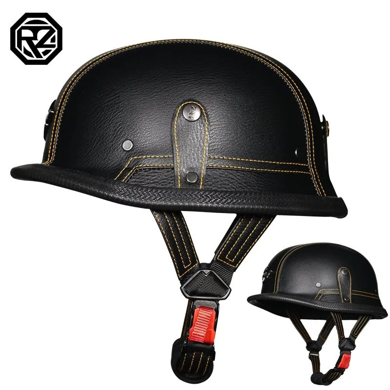

Retro Vintage WWII Leather Motorcycle Helmet Unisex Black Open Face Half Helmet German Style ABS Cruiser Biker Protective Gear