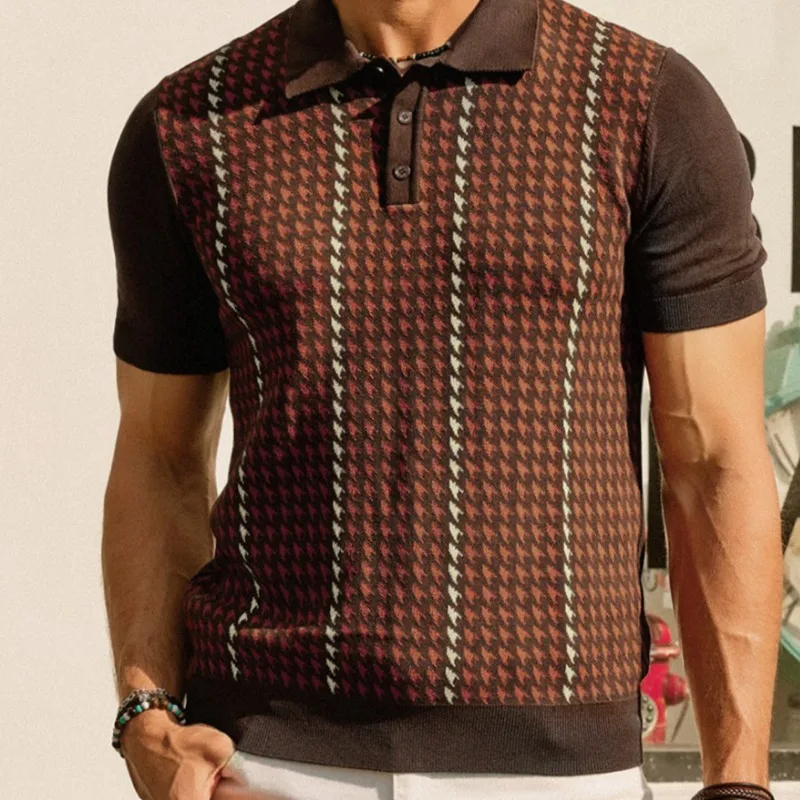 Men Short Sleeve Polo Shirt Knitwear Tops Knit T-shirts Man Clothing Trend 2024 Chic Stripe Color Blocking Slim New Thin T-shirt