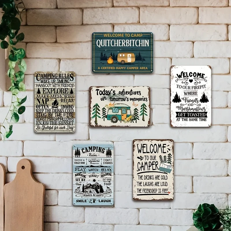 2D Flat - Decorative Sign & Plaque 2D Flat 6pcs Vintage Metal Sign Wall Hanging Plate Poster Picture Retro Art Decor Plaque Camp