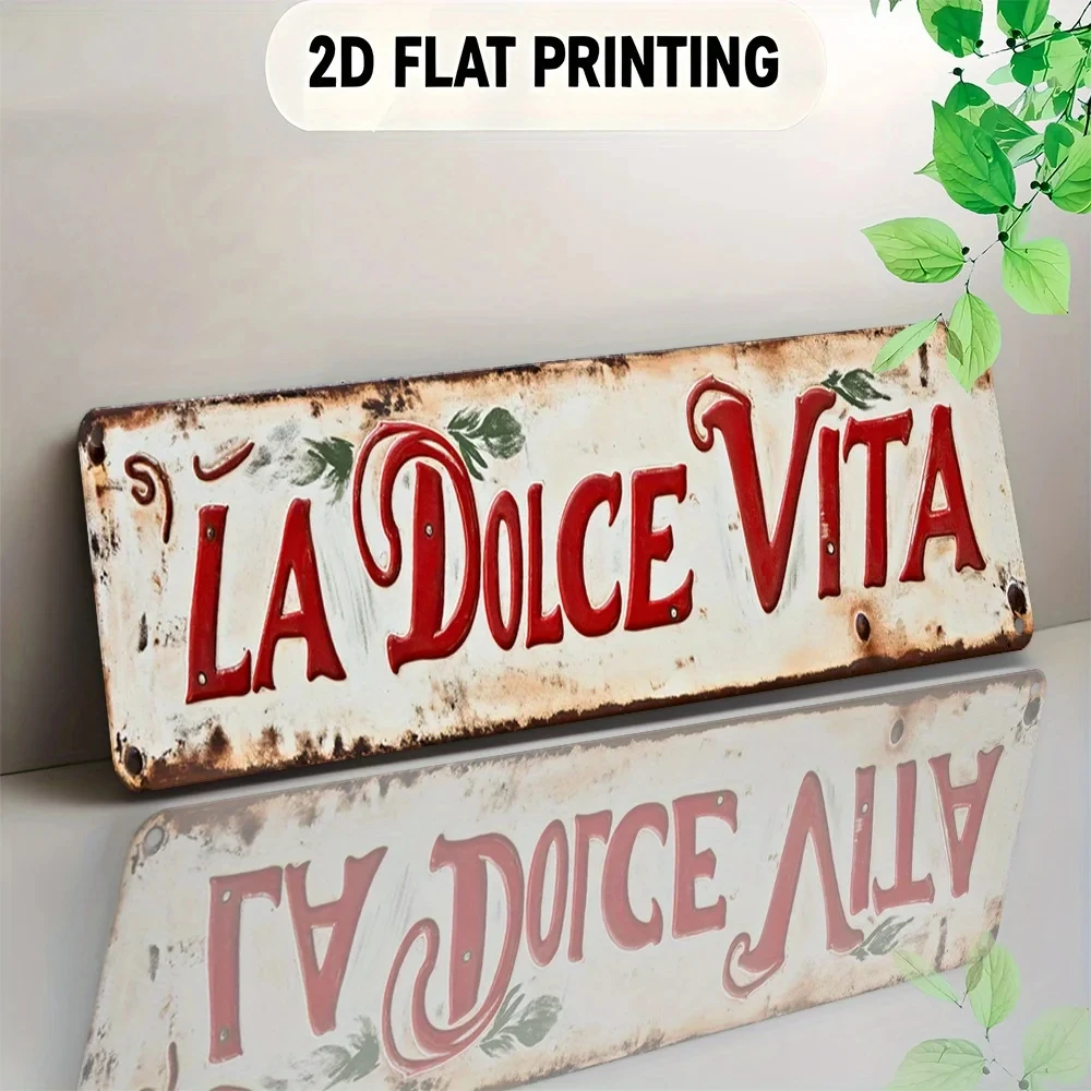 “LA DOLCE VITA” 2D flat-print vintage metal wall decoration, distressed off-white rustic plaque, featuring red 3D embossed text