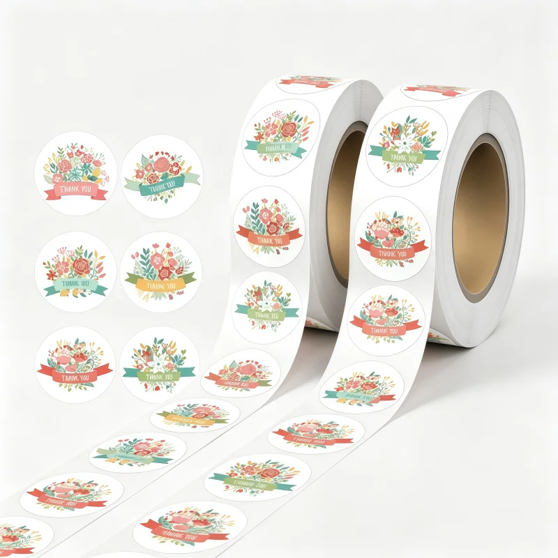 500Pcs Thank You Stickers with Ribbon Floral, 25mm Self-Adhesive Envelope Seals, Pretty Flower Circle Labels for Party Favors