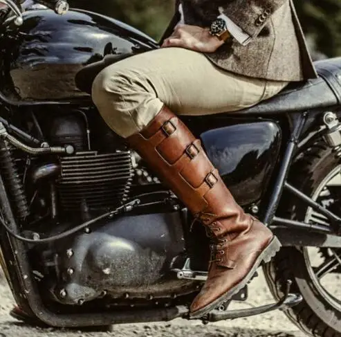 

Men's Fashion Brown Black Coffee Solid Color Round Toe Belt Buckles Lace Up Flat Knee High Boots Male Cross Tied Motorcycle Shoe