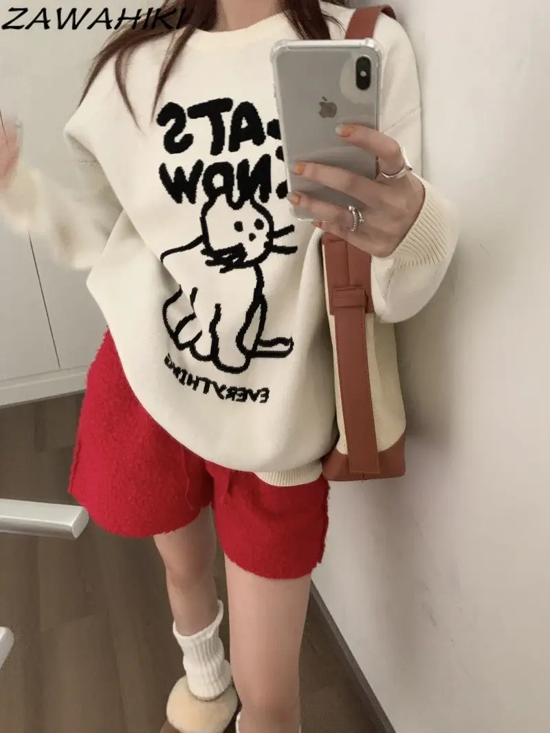 

ZAWAHIKI Sueter Mujer Letter Cartoon Cat Loose Spring Fall Casual Chic Designed O-neck Knitwear Fashion Sweet Sweater Women