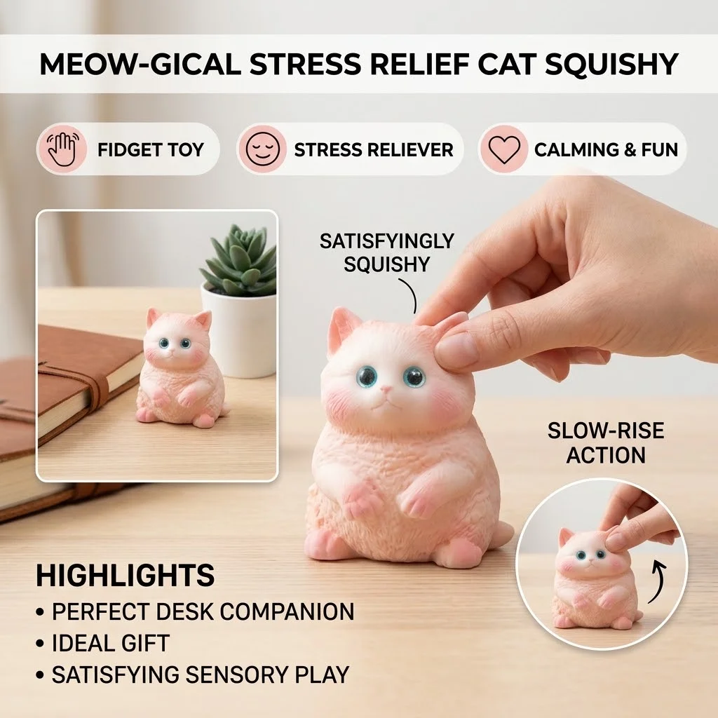 Cute Cat Squishy Toy, Soft Squeeze Stress ReliefFidget, Kawaii Kitty Sensory Toy, Satisfying Squish