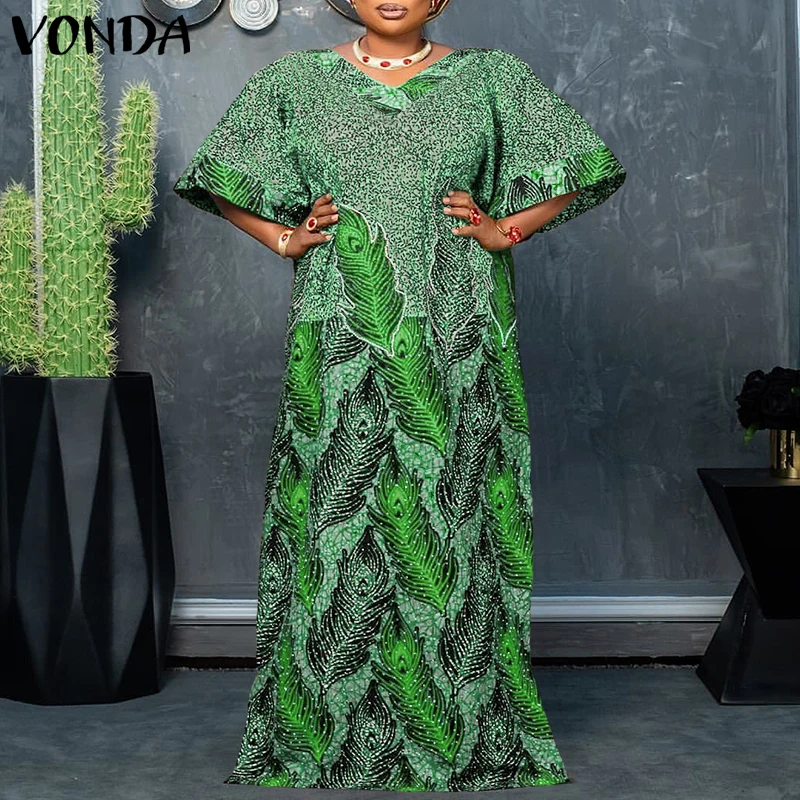 

Платье макси VONDA с богемным принтом, размер 5XL, женское, винтажное, с V-образным вырезом, рукавом до локтя, повседневное, длинное, летнее, для вечеринок, 2026