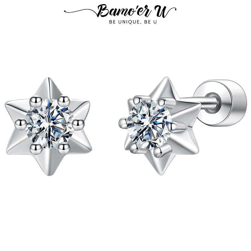 

Bamoer U Moissanite Star Stud Earrings 925 Sterling Silver 6 Prongs Hexagram Earrings Round Cut for Young Women Jewelry Gift