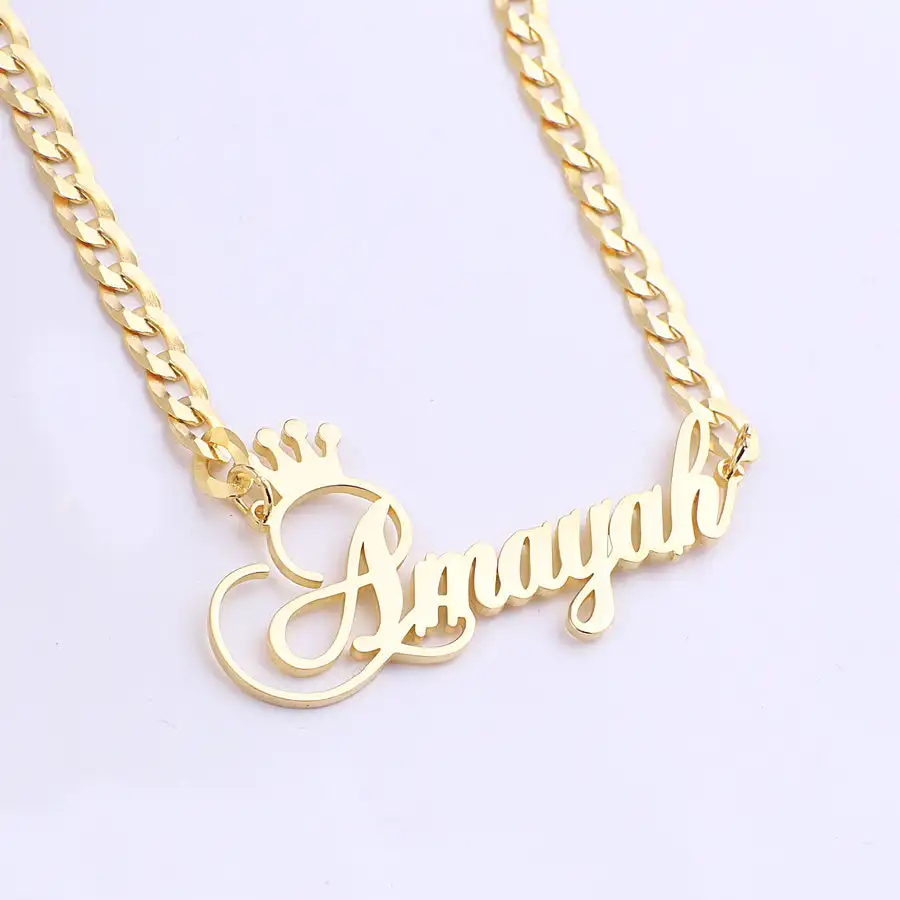 

Initial Crown Name Necklace with Cuban Chain Personalized Gold Plated Name Necklace Stainless Steel Custom Pendant Gift for Her