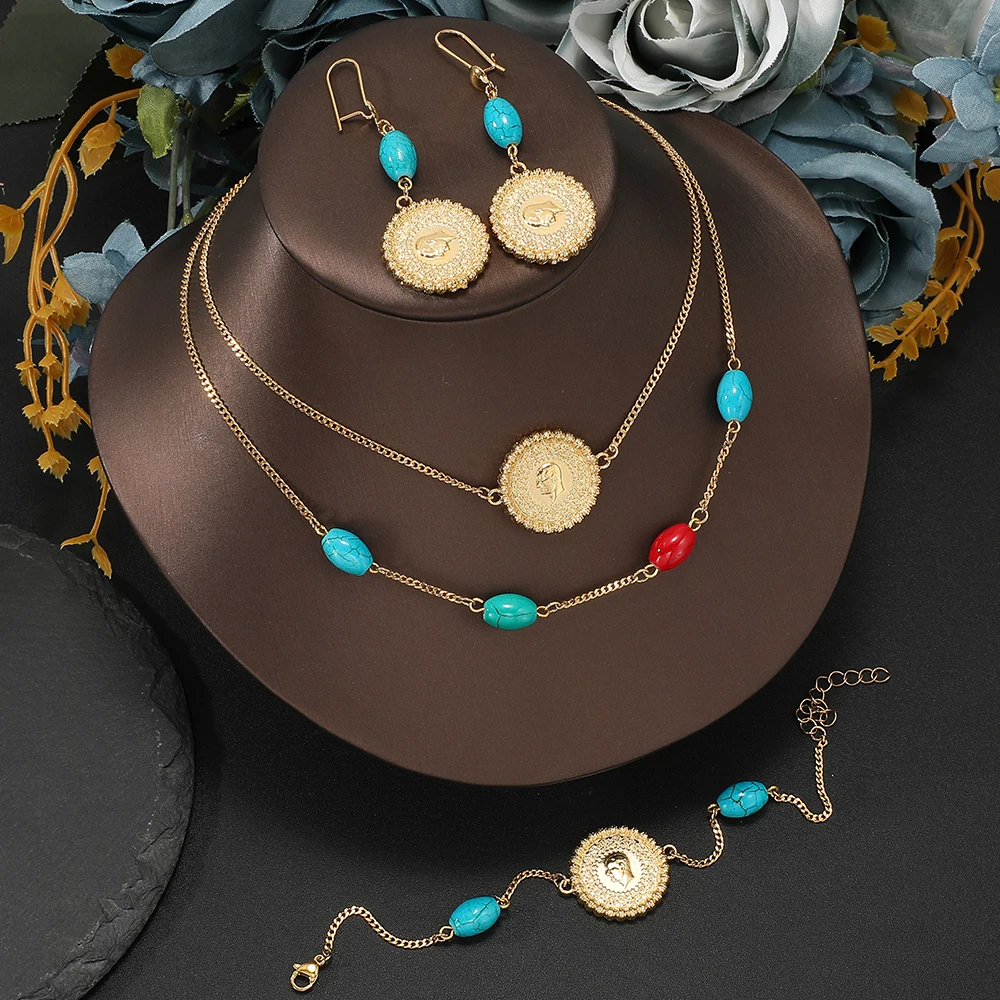 

24K Gold plating golden coin necklace + earrings + ring + bracelet 4pcs Jewelry sets for women Fashion Party wedding gifts