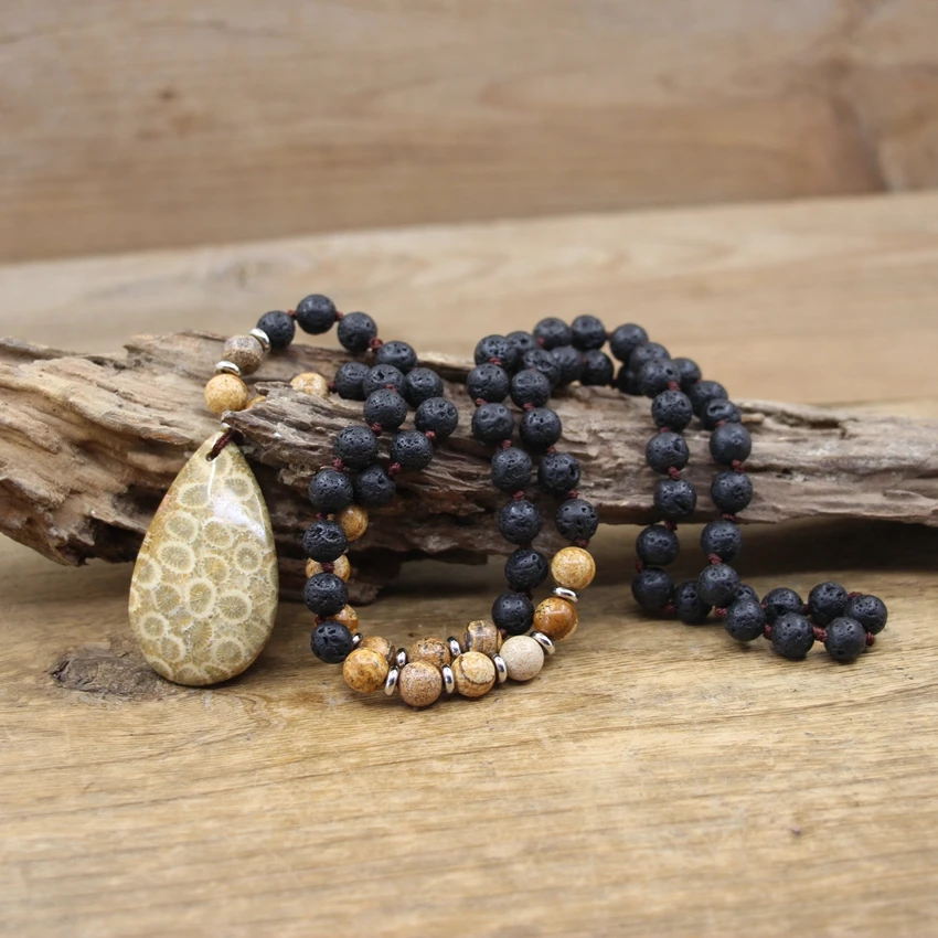 Coral Jade Drop Pendants Knotted Necklaces,8mm Black Lava Stone Round Beaded Mala Yoga Picture Jasper Loose Bead Jewelry,QC0162