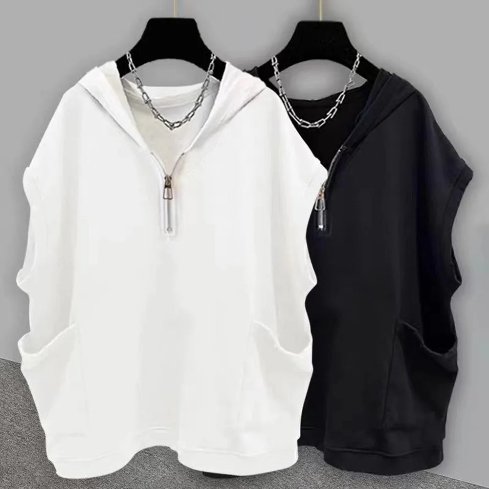 Mens Casual Pocket Hooded Vest Genderless 2024 Summer New Fashion Versatile Zipper Solid Color Loose Sleeveless T-Shirt Unisex