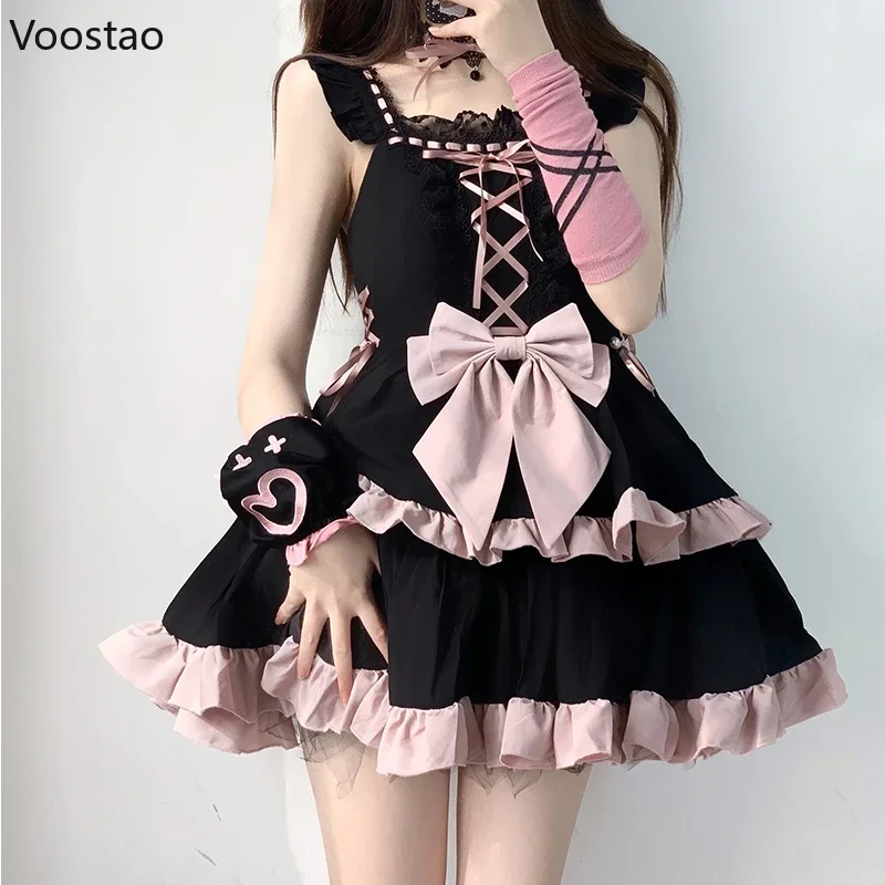 Abito Lolita gotico vittoriano giapponese Ragazza vintage Dolce fiocco con volant Fasciatura Principessa Abiti da festa per le donne Abiti scuri