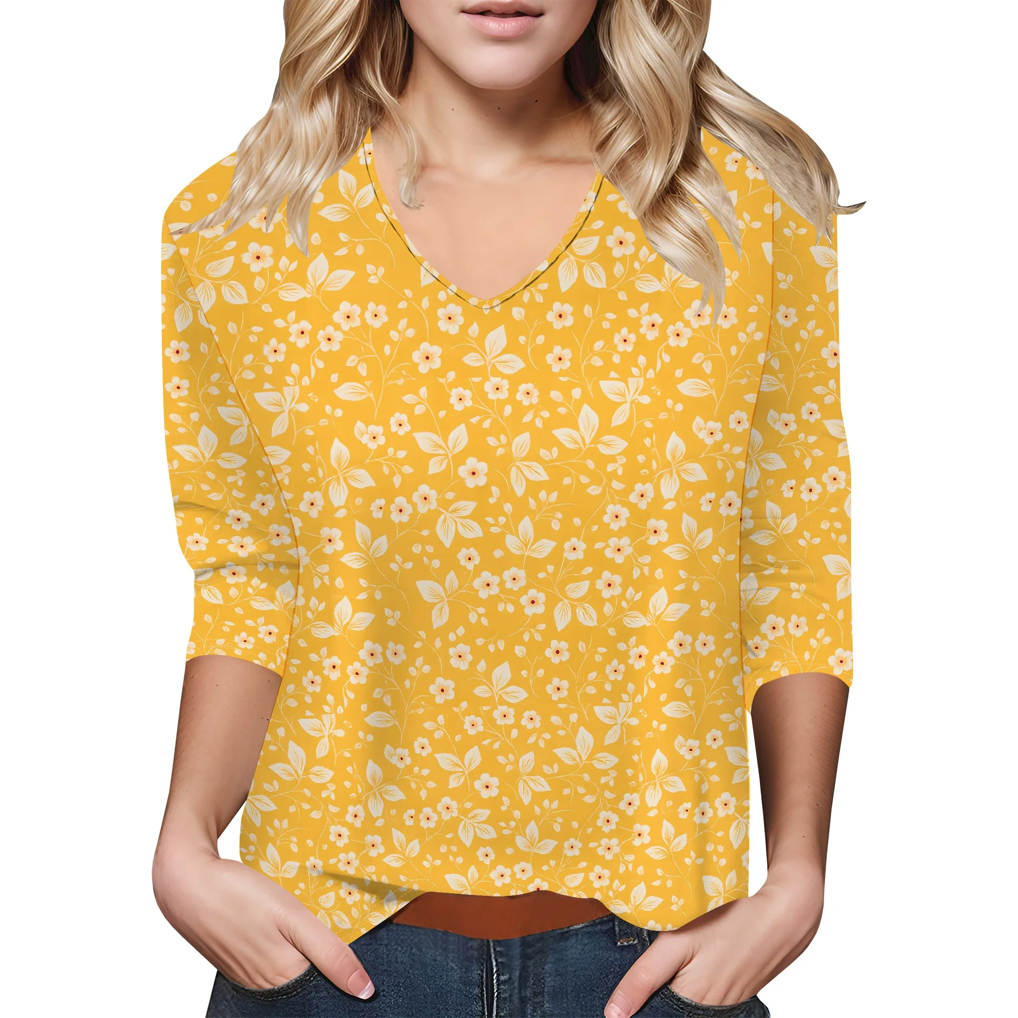 

Womens 3/4 Sleeve V Neck T Shirts Summer Casual Tops Basic Tees