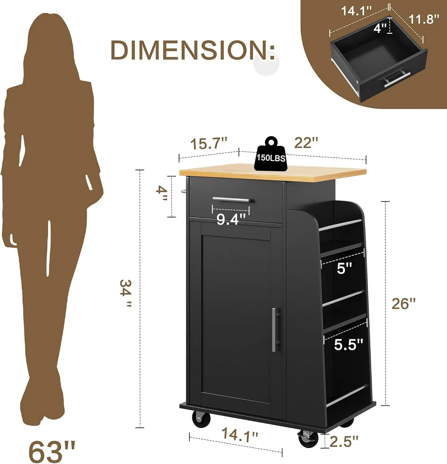 Kitchen Island, Cart Table with Storage, Small Portable Drawer on Wheels, Removable Narrow Wooden Edge Floating Space