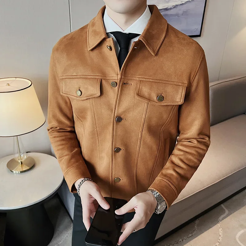 Autumn Winter Men\'s Suede Jacket Thick Casual Business Windproof Jacket Slim Fit Social Streetwear Windbreaker Coat Men Clothing