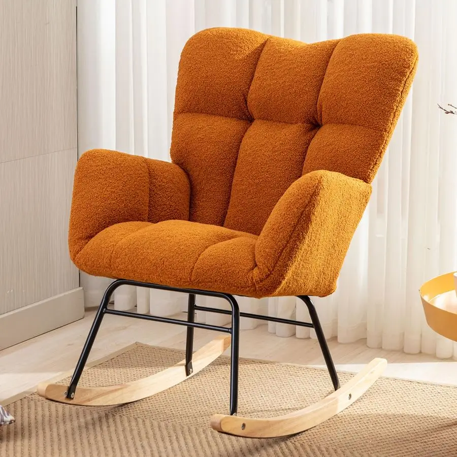 Nursery Rocking Chair, Upholstered Glider Chair with High Backrest, Rocker Accent Armchair with Solid Wood Legs for Nursery Bedr