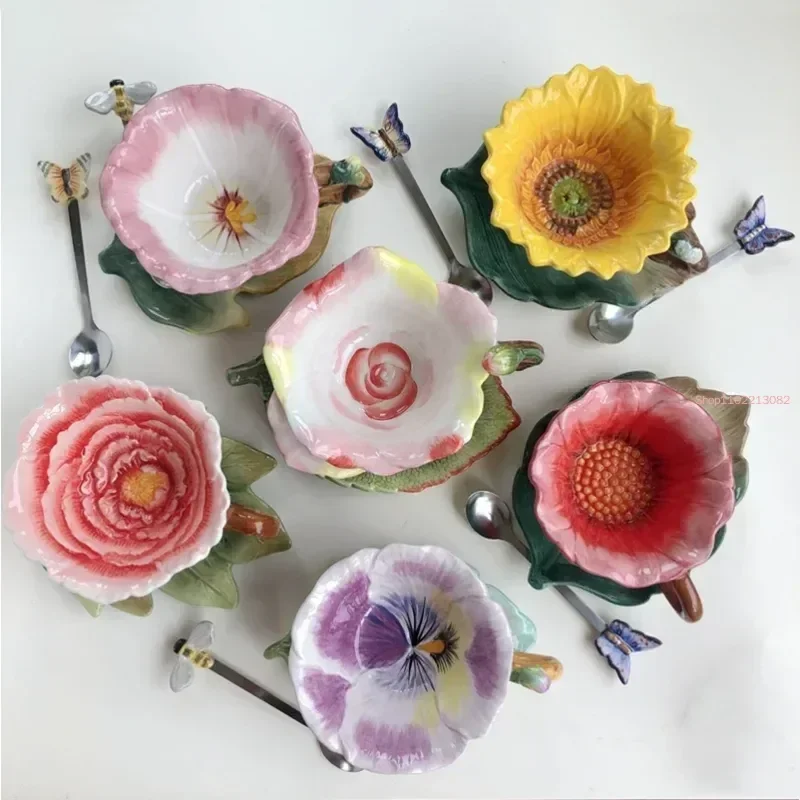 Creative Sunflowers Roses Ceramic Cups Family Afternoon Tea Coffee Cup SetElegant French Tea Set MugsButterfly Spoon