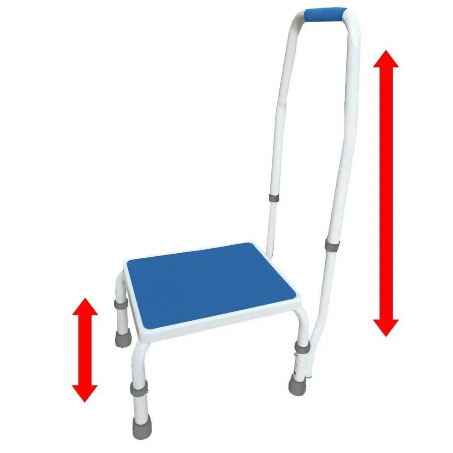 

AdjustaSteptm Deluxe Step Stool Footstool with Handle Handrail, Height Adjustable. Modern White Blue Design. Padded NonSlip Hand