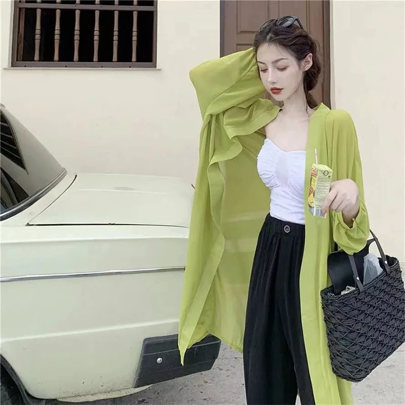 MEXZT Summer Women Blouses Puff Sleeve Long Chiffon Sunscreen Shirts Cardigan Black White Loose Casual Sun Protection Shirt Tops