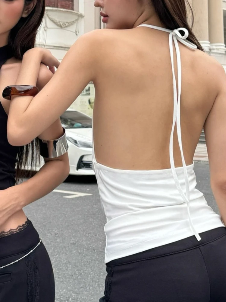 Fashion Y2K Sexy Halter Tank Top Women Autumn Street Style Slim Fit Studded Top White Deep V Pleated Design Cool Girl Outfit