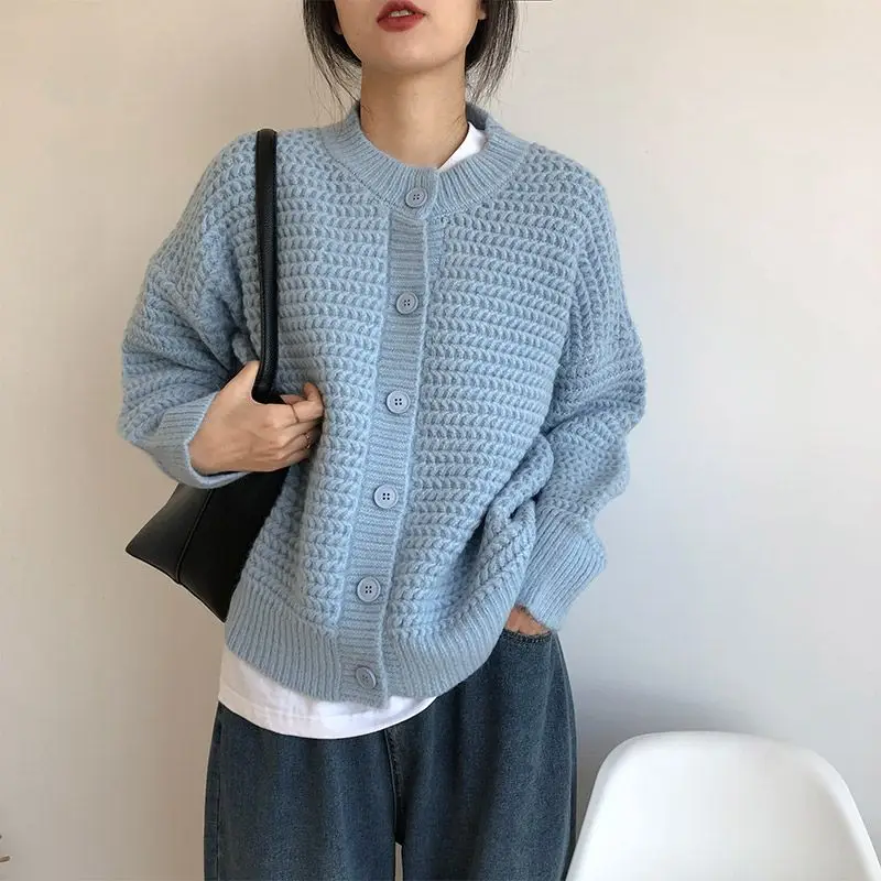 Women Autumn Winter Casual Simplicity Buttons Solid Color O-neck Knitting Women Clothes All-match Loose Cardigan Long Sleeve Top