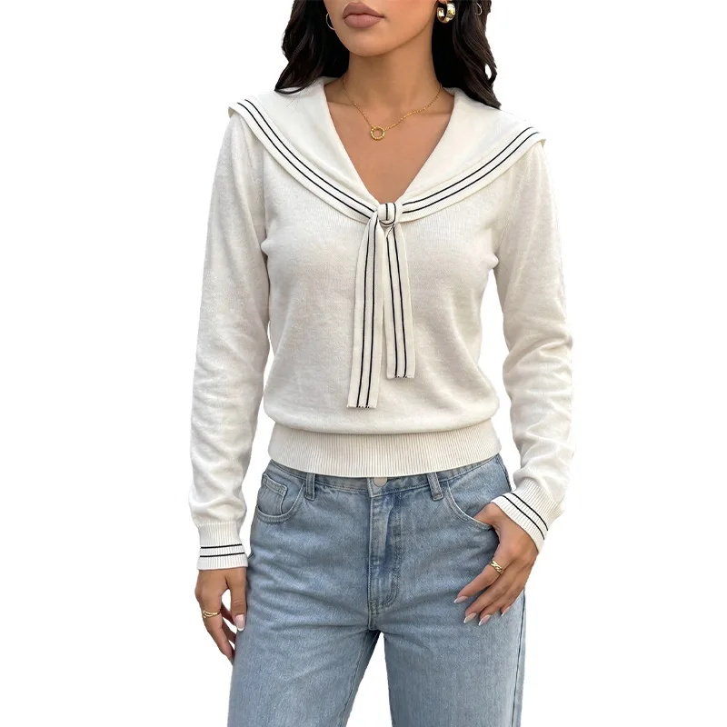 Women 2026 Autumn Winter New Striped V Neck Pullover Sweater European American Fresh Sweet Preppy Style Loose Knit Top
