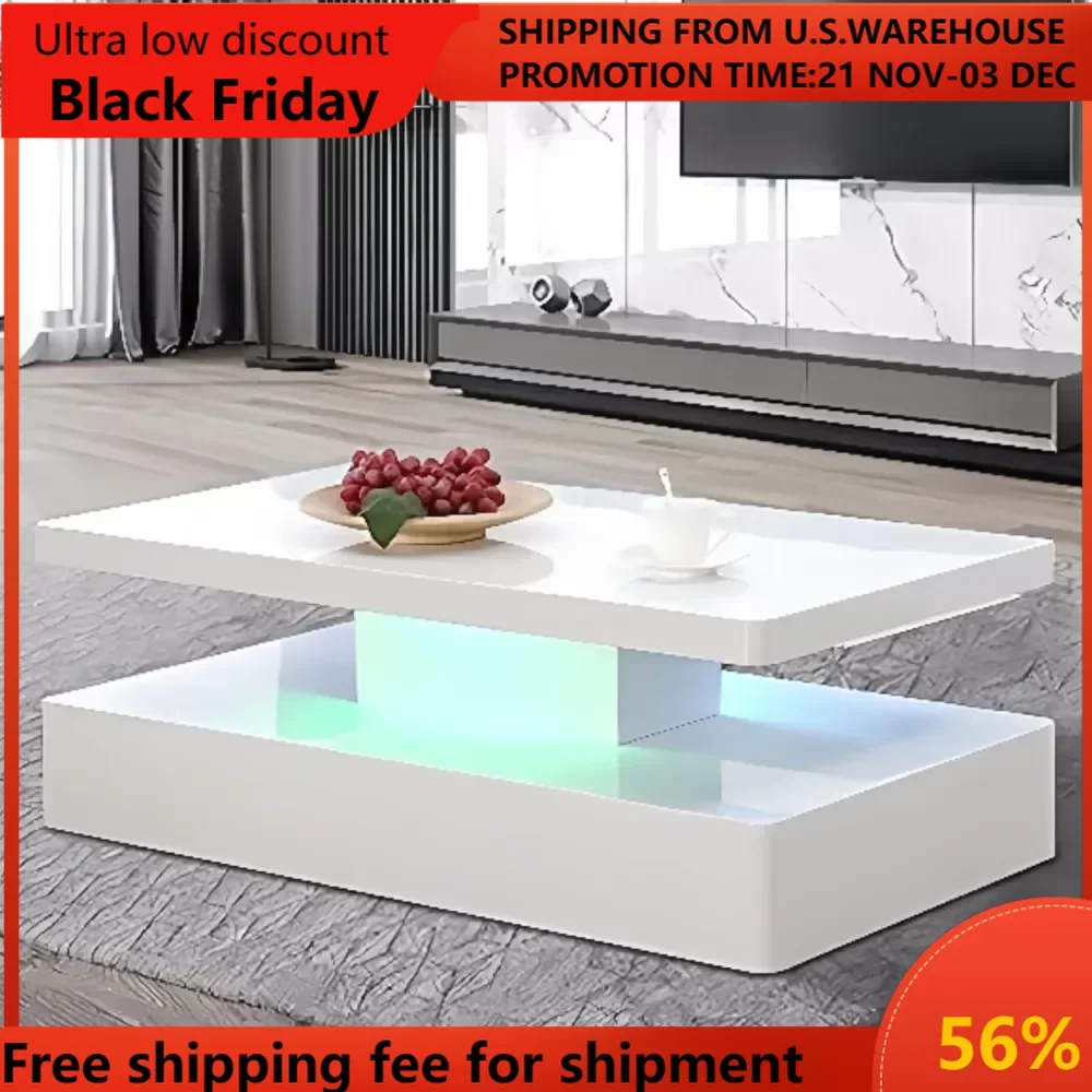 Modern LED Coffee Table 44 Inch, High Glossy Rectangler Center Table with LED Lights &2 Tier for Home Living Room