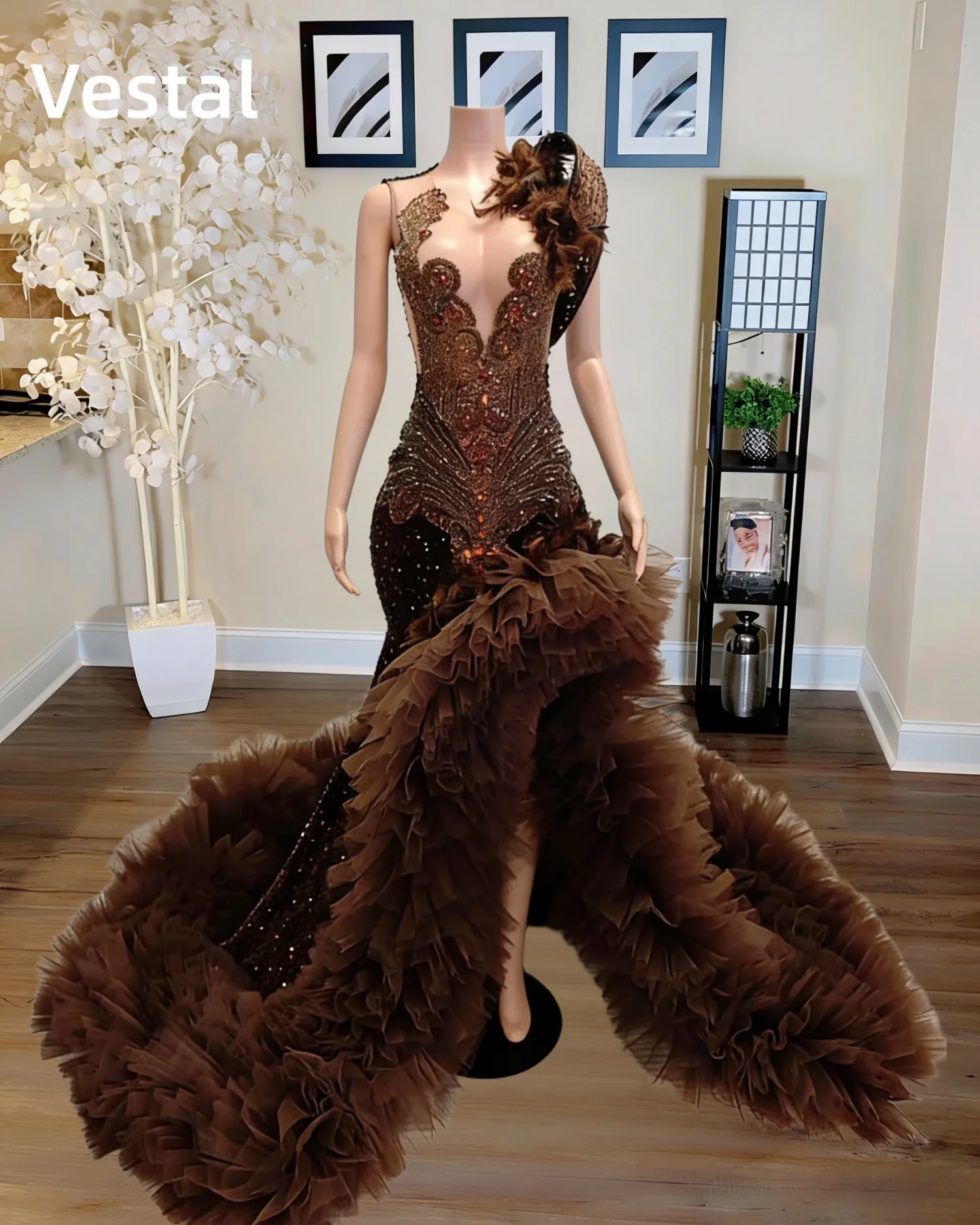 

Vintage Brown Beaded Appliques Ruffled Train Prom Dress Mermaid Floor Evening Formal Gown Customized