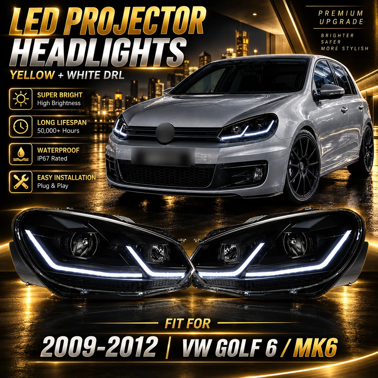2Pcs LED Headlights for VW Golf 6 MK6 2009-2012 Projector Lens Headlamp Assembly  DRL Turn Signal High Beam Plug and Play
