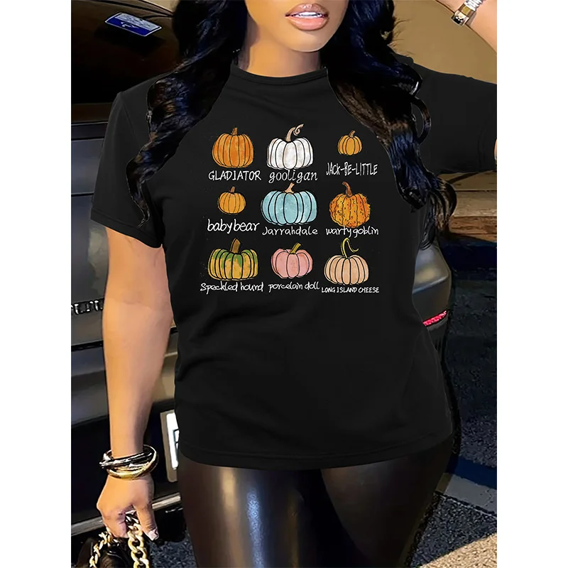 

Pumpkin Print S-2X Black T-shirt Women's Short Sleeved Round Neck Casual Top Fashionable Street Original Top Graphic T Shirts