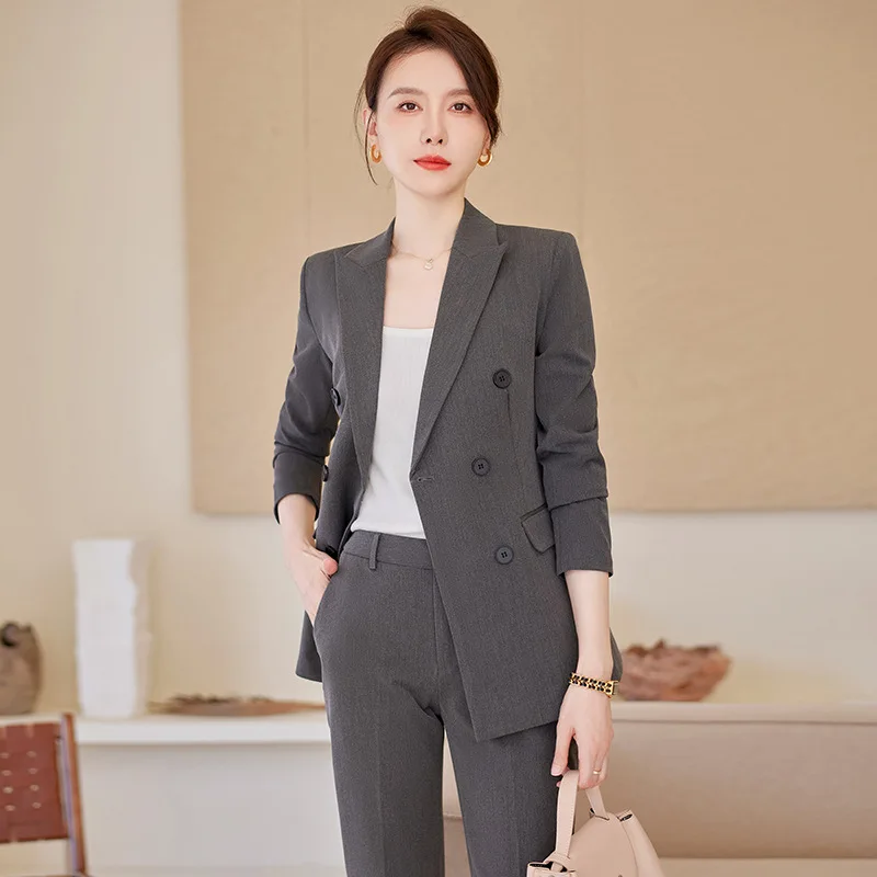 

Gray Suit Jacket Women's Autumn and Winter Korean Style Temperament Office Wear Interview Formal Wear Work Clothes Double Breast