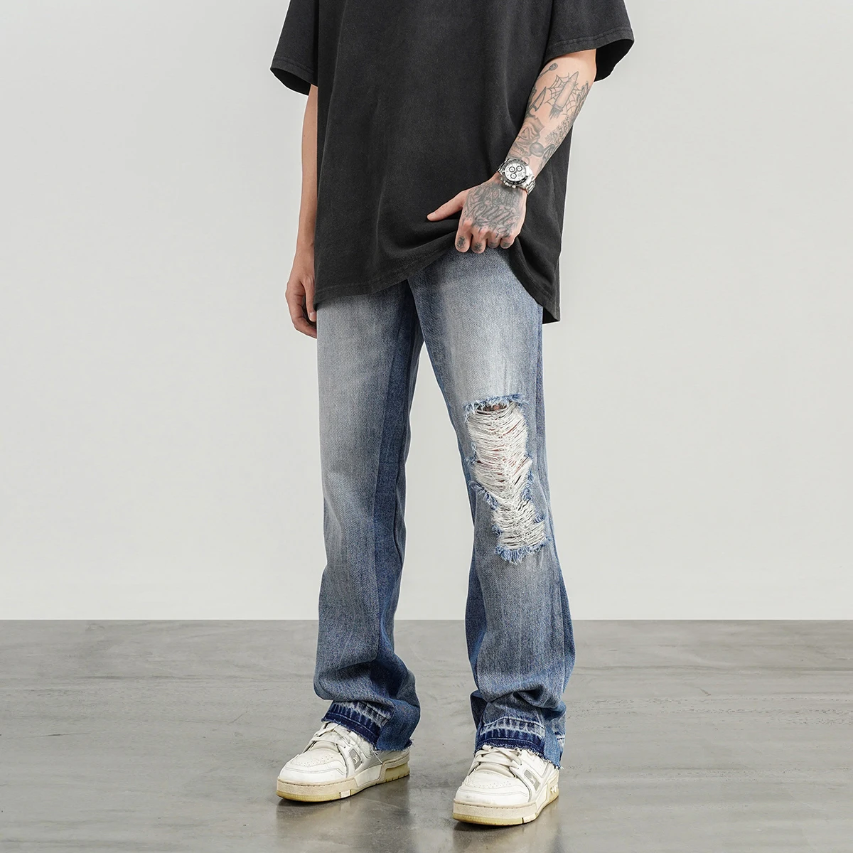 

Vintage Washed Worn-out Rough Hem Torn Flared Jean for Men Ripped Slim Jeans Pants Hip-hop Patchwork Micro Horn Denim Pants Men