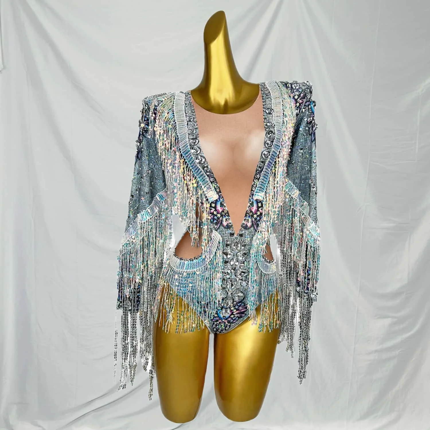 

Qiaqia Women Sexy Crystal Diamonds Mini Rompers Luxury Sequined Tassel Evening Party Bar Nightclub Stage Performance Bodysuit