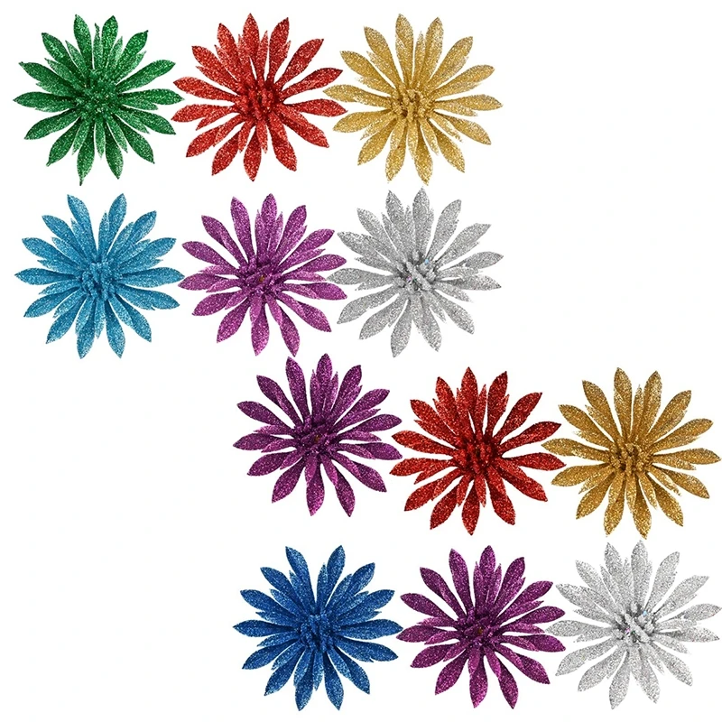 

6pcs Christmas Glitter Flowers Decorative Artificial Flower for Christmas Wreath Tree Ornaments with Stems DIY Holiday Home