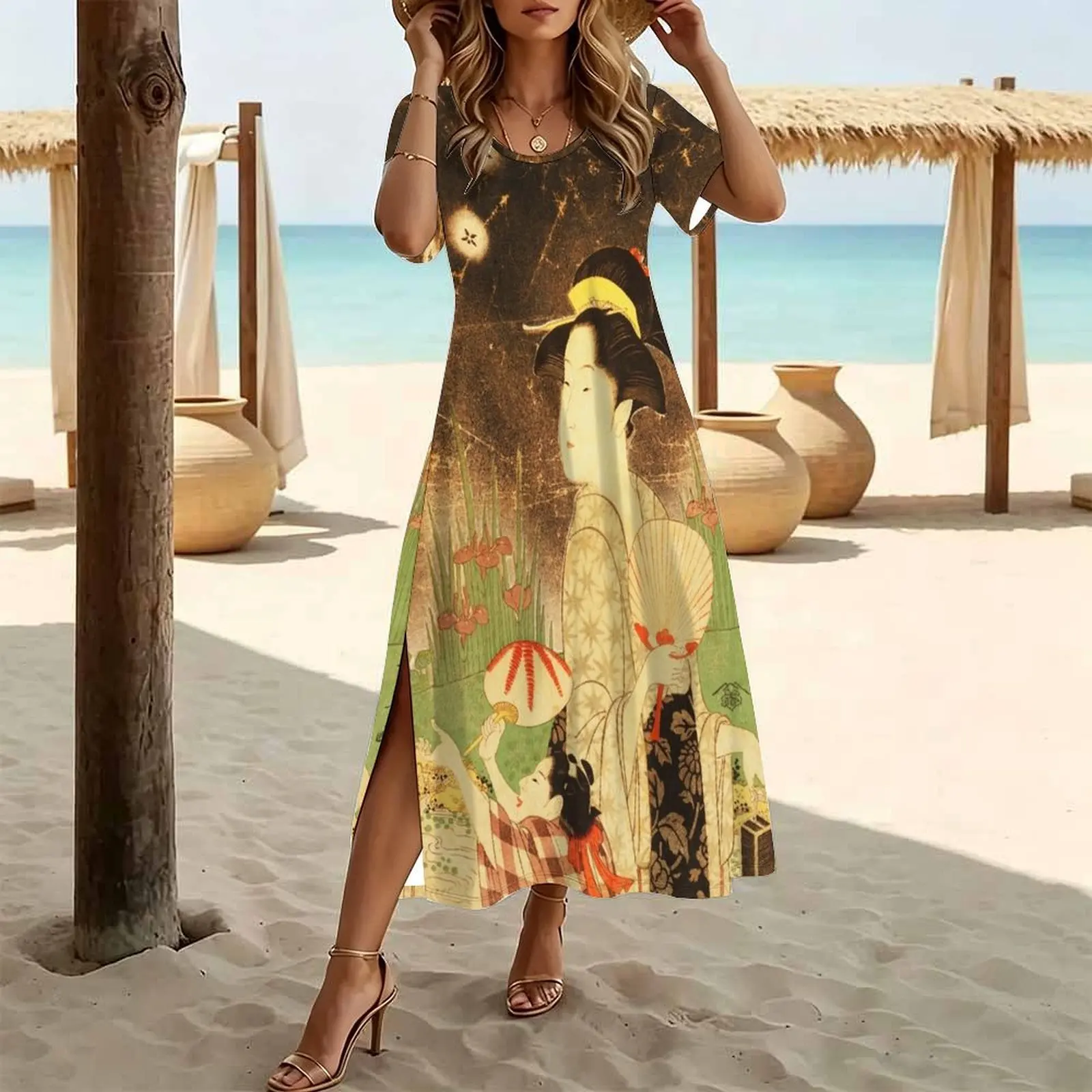Woman and Child Catching Fireflies Women's Round Neck Short Sleeve Split Long Dress