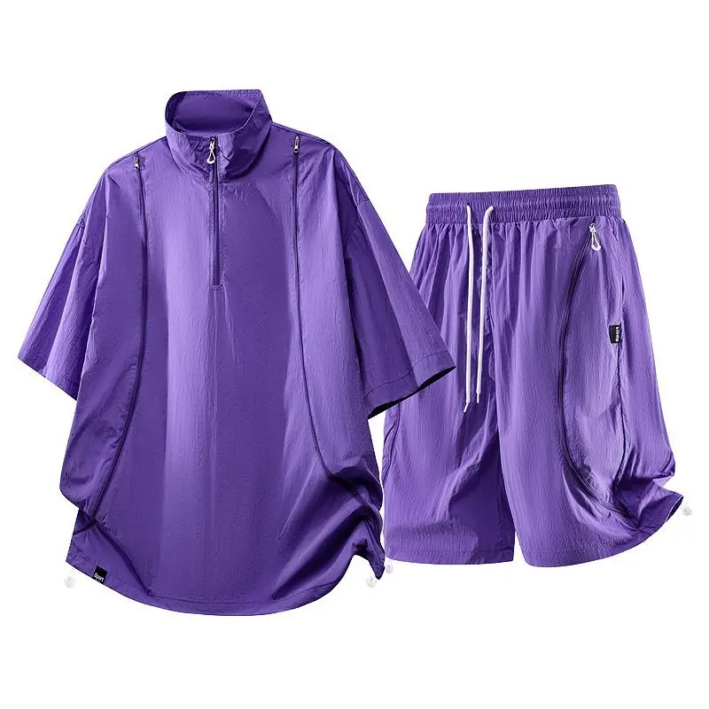 Casual Sportswear Sets Men and Women Half-zipper Stand Collar T-shirt + Shorts Set Quick Dry Oversized Outdoor Shorts Tracksuit view 4
