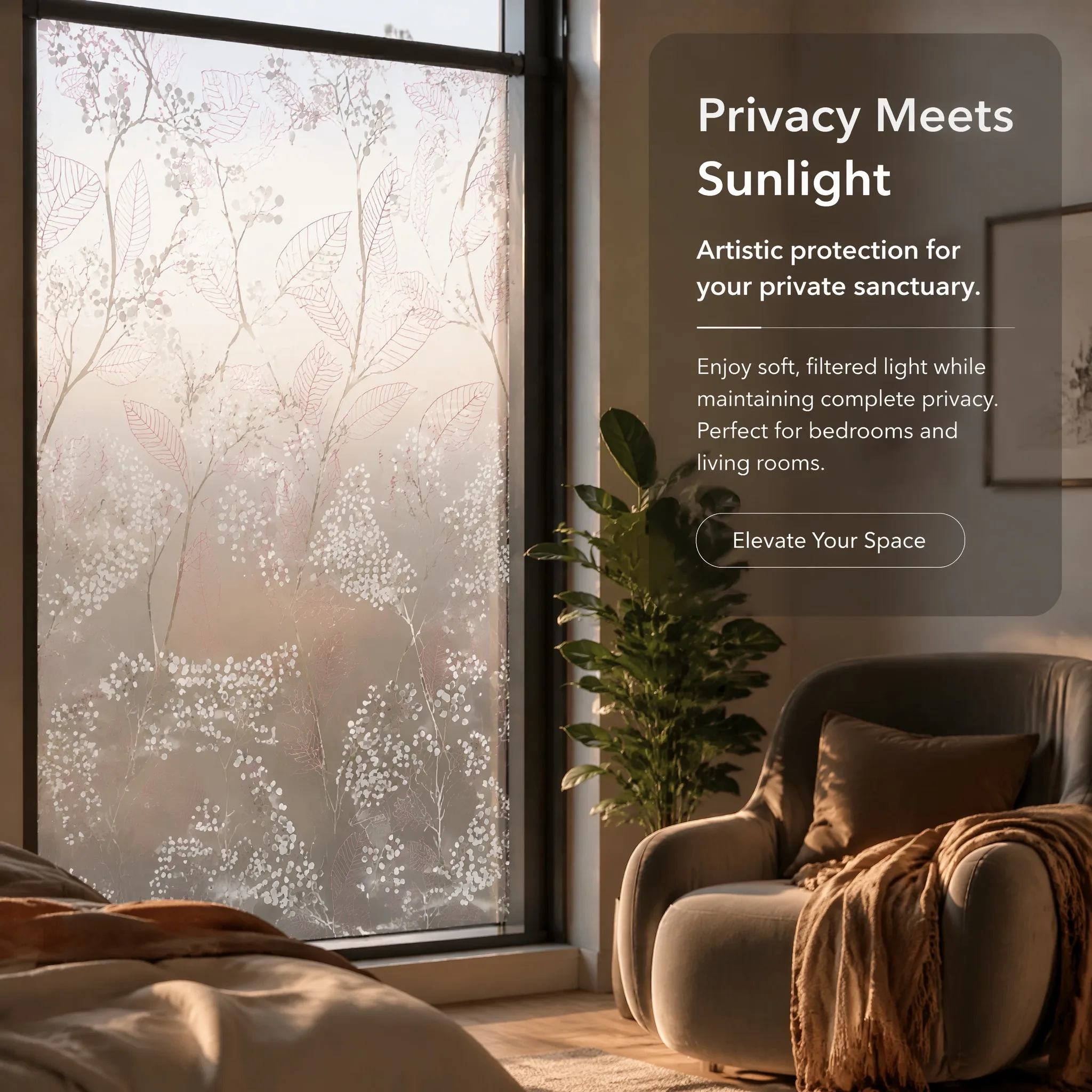 Elegant Vintage Red Brown Leaf Berry Privacy Window Film Built-in Adhesive Soft Light Filter Cuttable PVC for Warm Minimalist