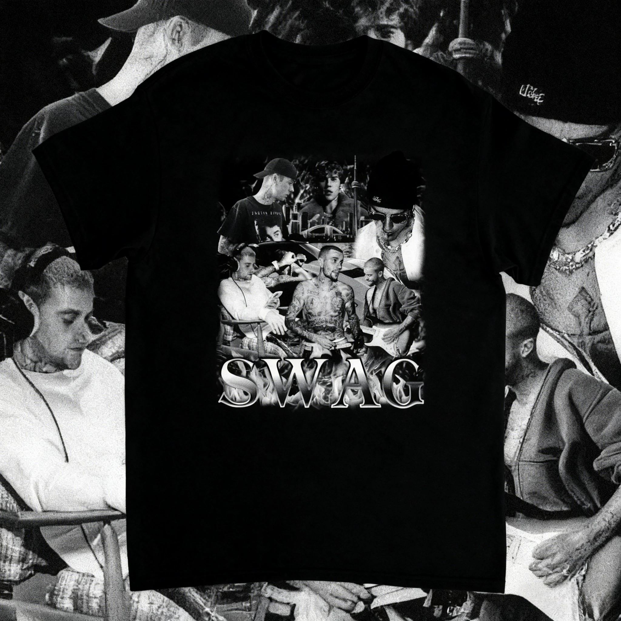 

2025-26 Лето Justin Bieber Swag 100% Хлопок Футболка с принтом Рукав Рубашка Мужчины Женщины Черный Круглый вырез Хип-хоп Стиль Y2k Дышащий