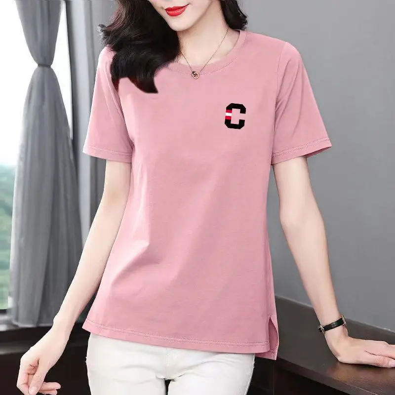 Summer Cotton Printing Letter Mid Length Version T-shirt Women High Quality Short Sleeve O-collar Loose Vent Lady Casual Top