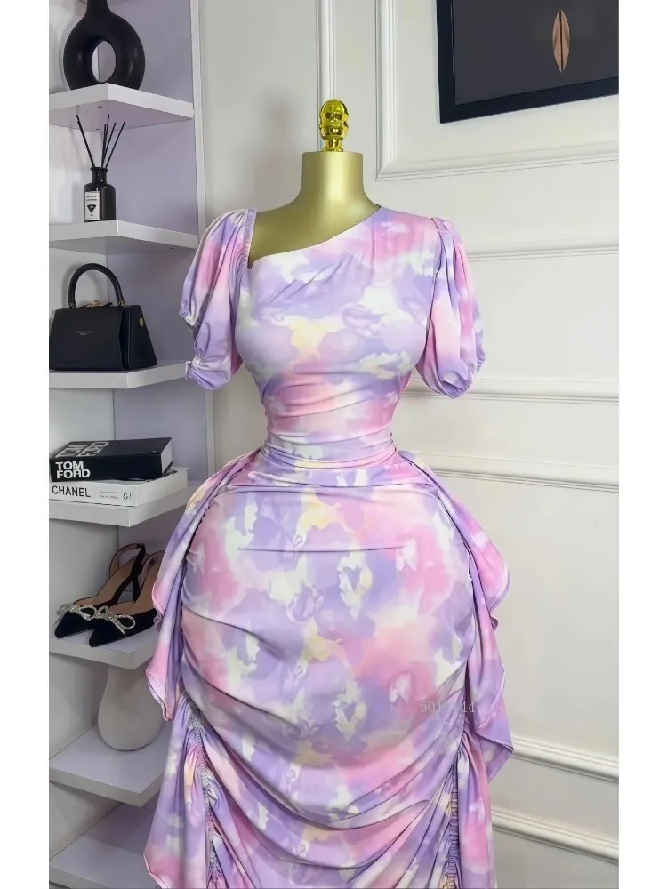 Femmes élégantes cravate colorant imprimé col incliné froncé empilé moulante Midi Maxi longue robe 2026 vacances Sexy robes robes