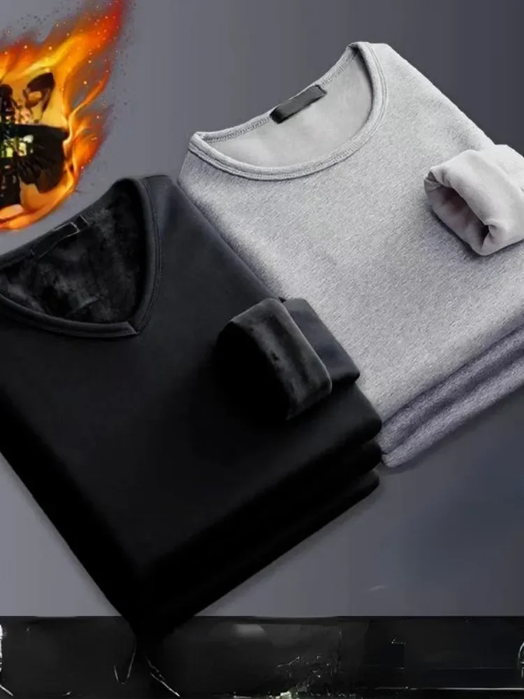 ملابس داخلية رجالية حرارية بأكمام طويلة ، قميص مبطن مخملي ، رقبة مستديرة ، قميص ضيق قاع ، شتاء ، زائد ، 2 قطعة ، 2023