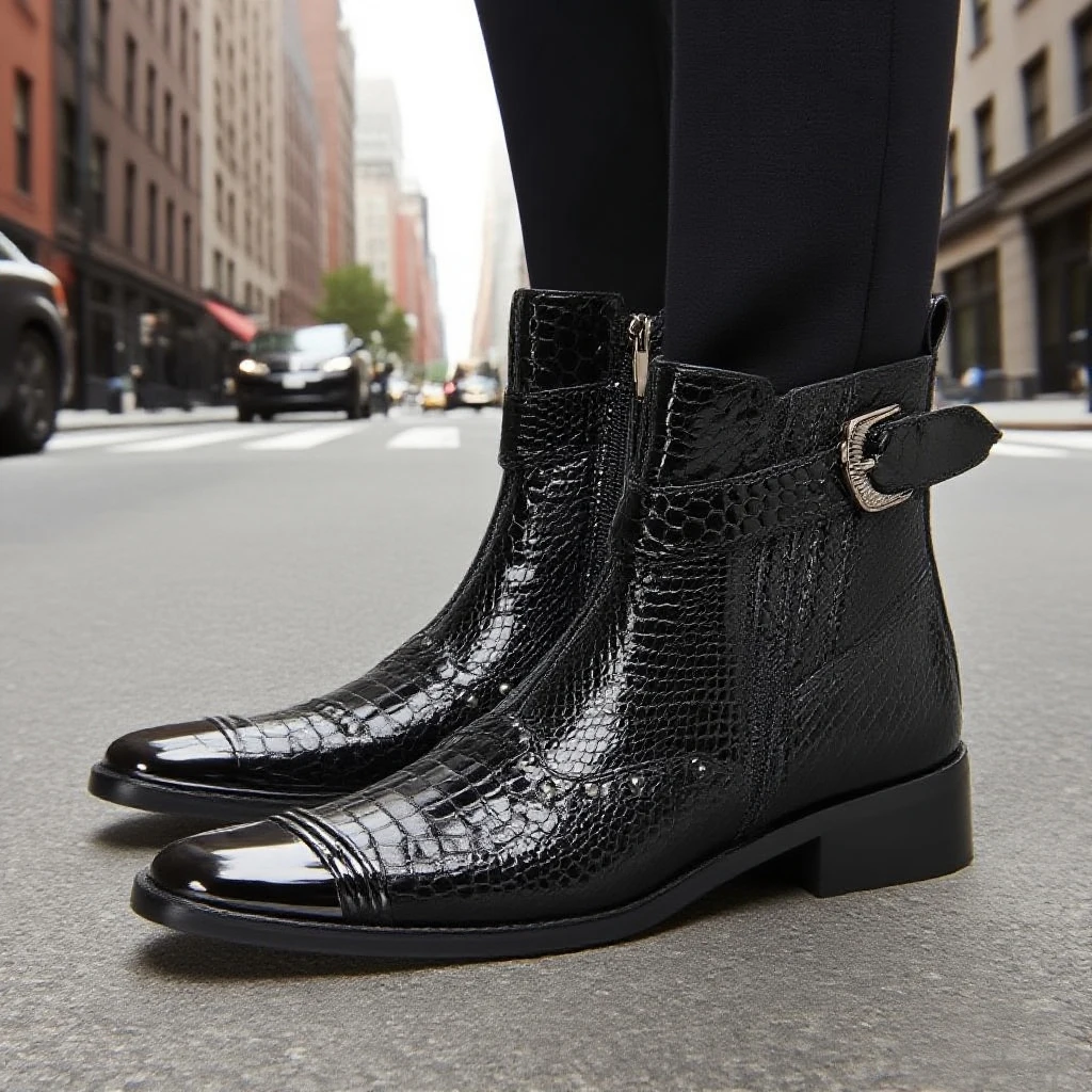 Men's Snake‑Patterned Shiny Short Boots Metal‑Rivet‑Buckle Decor Trendy Personalized Street‑Style Footwear For Club Bar Party St