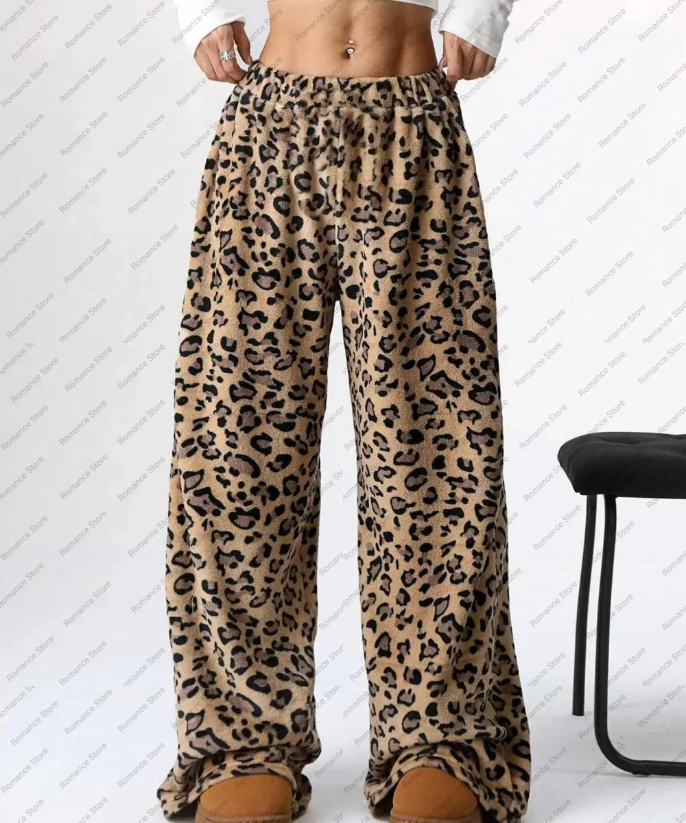 عالية الجودة الخريف والشتاء المرأة الفانيلا السراويل النوم غير رسمية مع مرونة الخصر ليوبارد طباعة النوم السراويل المنزل السراويل