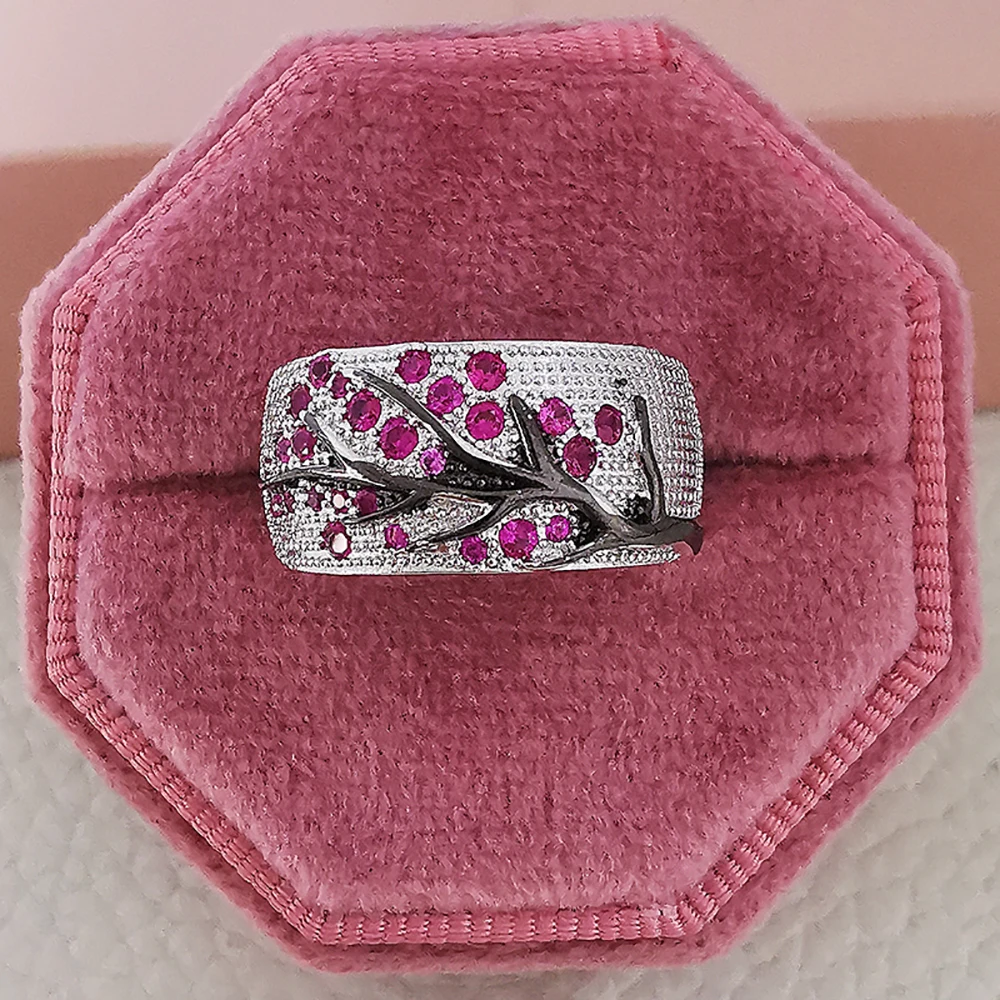 Luxury Branches Tree Pink Silver Color Engagement Ring for Women Anniversary Gift Jewelry Bulk Sell R6165 image 3