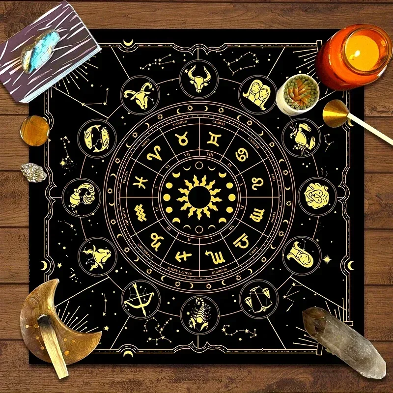 Mystic Crow Tablecloth Black Feather White Flower Star Moon Totem Waterproof Stain Resistant Tarot Divination
