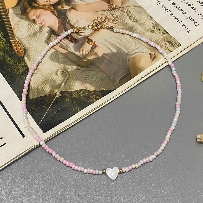 Colorful Seed Beads Choker Nekklace for Girl Spring Summer New Love Heart Design Collar Jewelry Wholesale Dropshipping