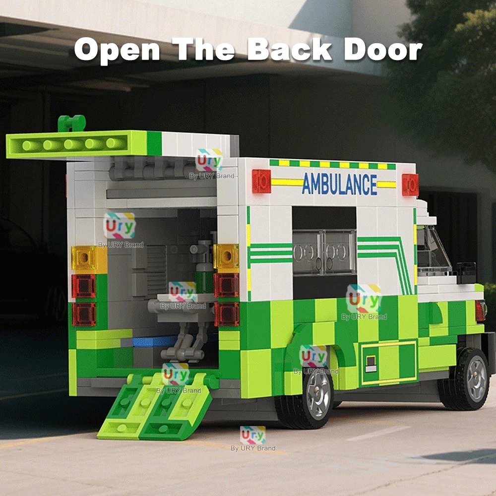 City Series Traffic Green Ambulance Escort Car Van Vehicle Technical Set Model MOC Building Blocks DIY Toys for Children Gifts